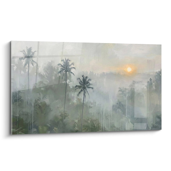 Gemälde Tropische Landschaft Nebelig mit Palmen und verdeckter Sonne - Morgendliche Ruhe - Bali Edition