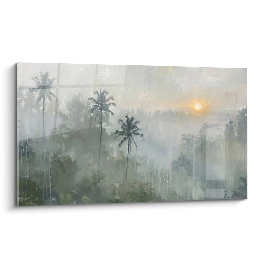 Tableau Paysage Tropical Brumeux avec Palmiers et Soleil Voilé - Sérénité Matinale - Edition Bali