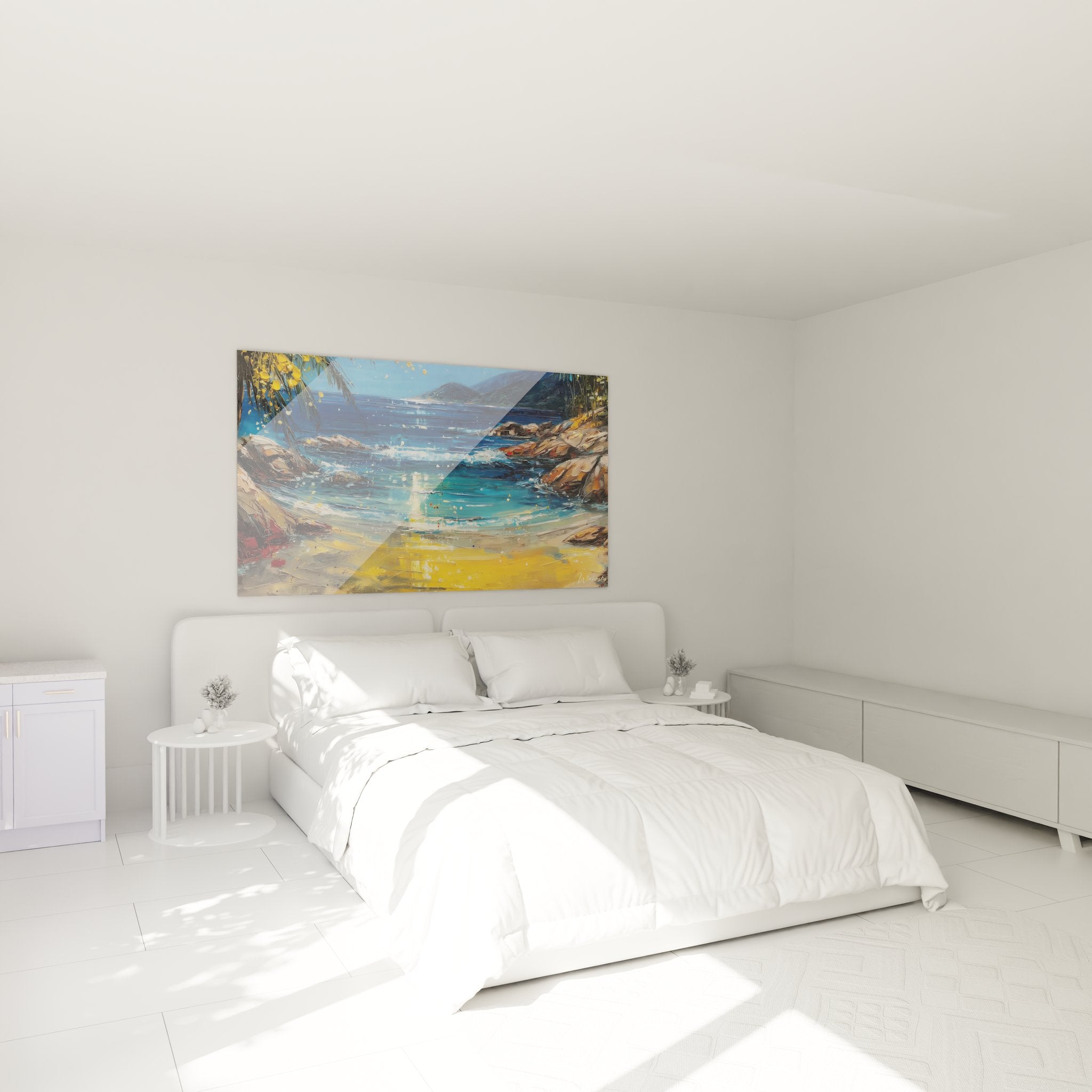 Tableau paysage tropical en décoration chambre, ambiance crique paradisiaque avec palmiers