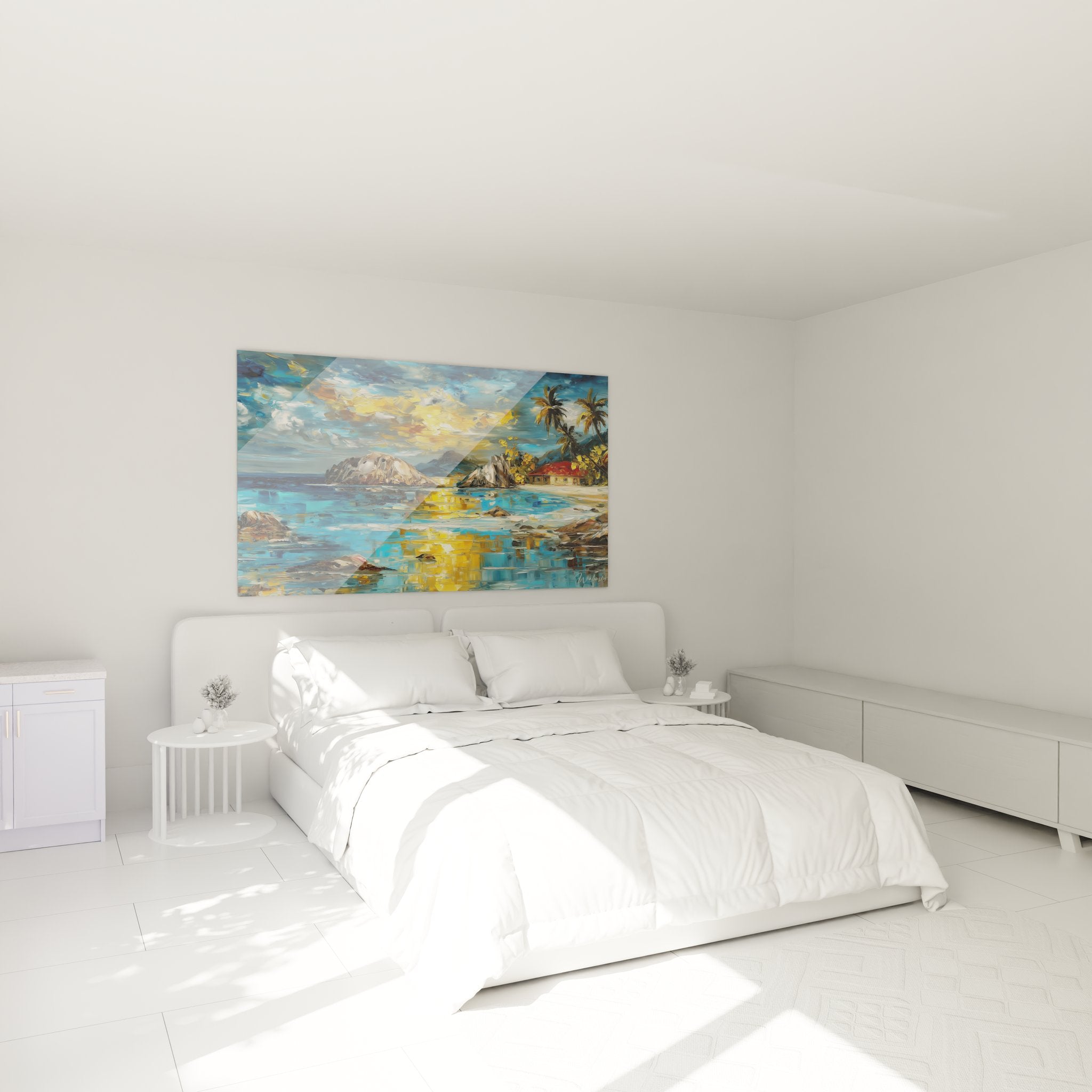 Tableau tropical coucher soleil ambiance chambre décoration murale plage paradis palmiers tons chauds