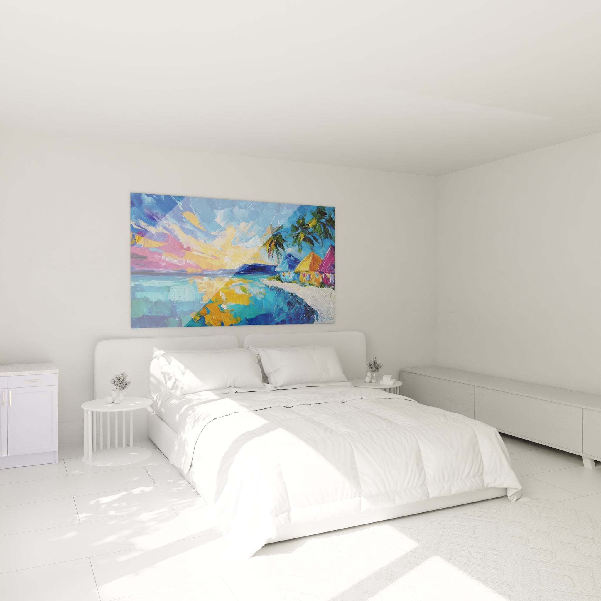 Tableau coucher soleil tropical décorant chambre moderne, ambiance exotique avec palmiers et couleurs chaudes