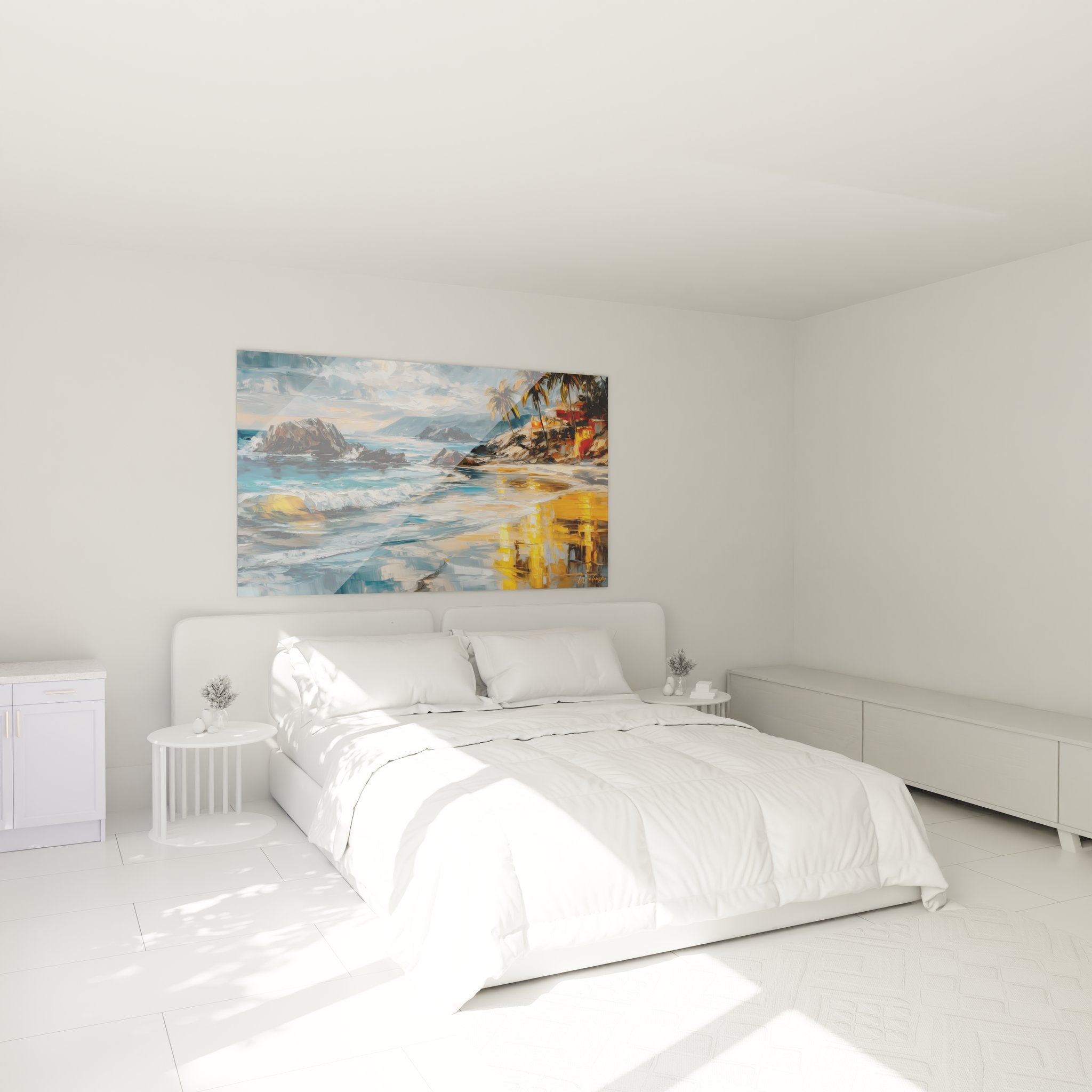 Tableau coucher soleil tropical décorant une chambre moderne, ambiance relaxante avec paysage côtier exotique