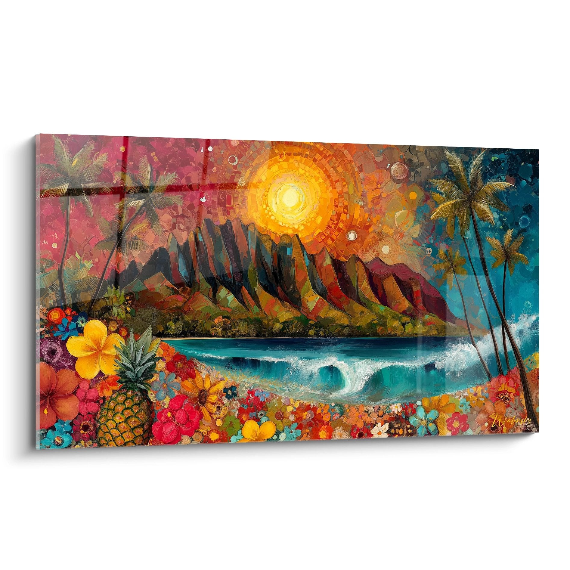 Tableau tropical hawaïen avec soleil doré, montagnes volcaniques, palmiers et fleurs exotiques colorées