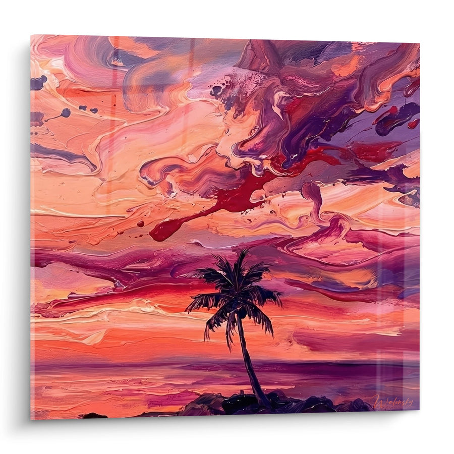 Tableau Coucher de Soleil Tropical avec Palmier et Ciel Violet Orange - Rêverie Insulaire - Edition Bali