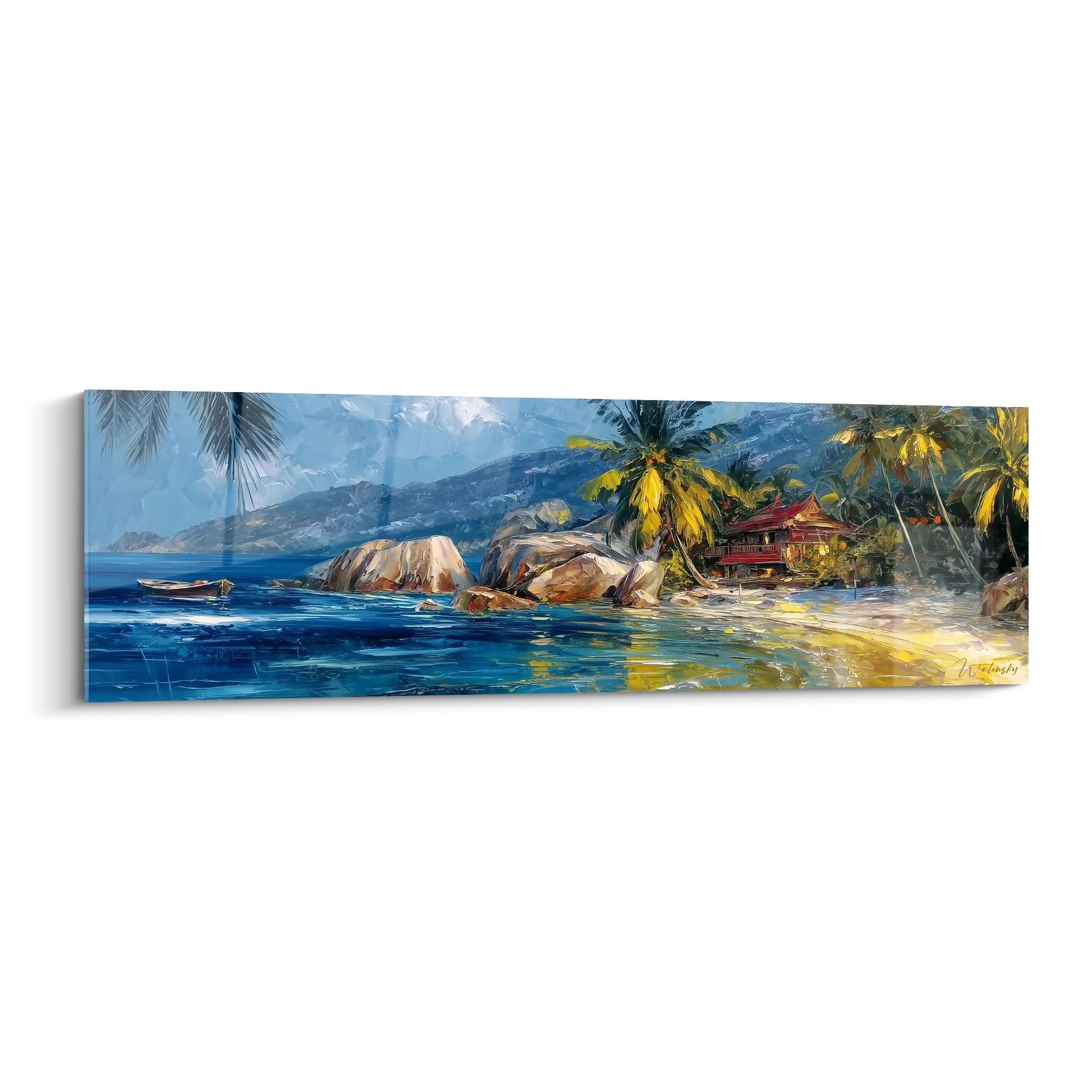 Tableau tropical avec palmiers et plage paradisiaque, rochers océan, décoration murale exotique