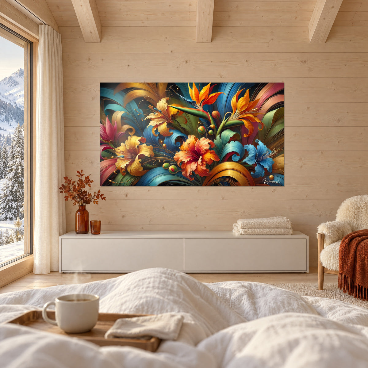 Cuadro hibisco coral y amarillo dorado con volutas doradas, sobre un fondo de pétalos rosas y turquesa, encima de una cama en un dormitorio luminoso