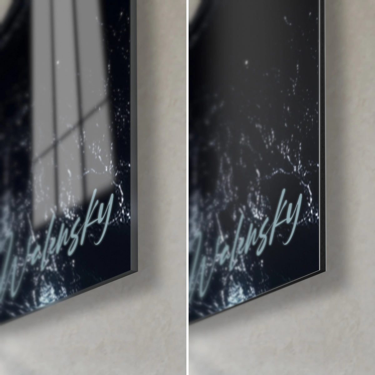 Wall art cosmic abyss in black and off-white, bottom right corner, glossy acrylic glass on the left, matte Dibond on the right