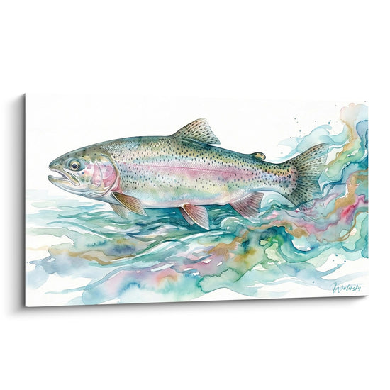 Multicolor Trout Watercolor Painting Turquoise and Pink Tones - Aquatic Escape - River Fishing Edition