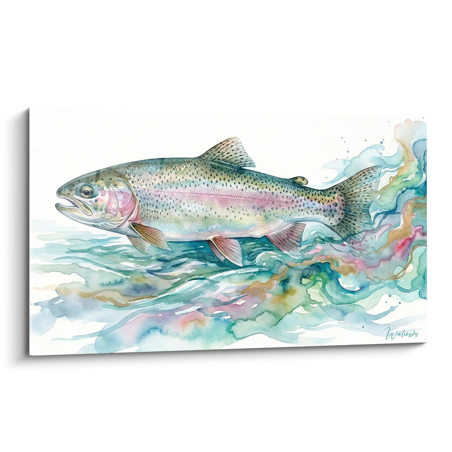 Tableau truite multicolore dans aquarelle fluide aux tons turquoise et rose - Évasion aquatique - Edition Pêche en rivière
