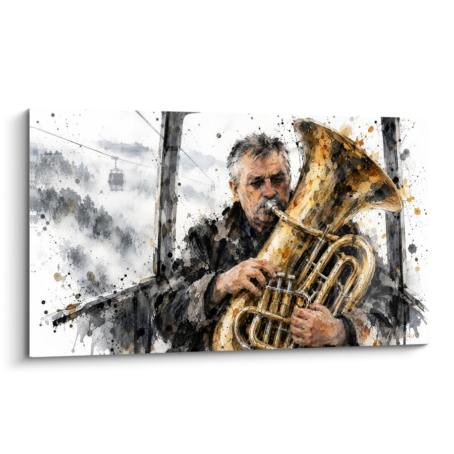 Tableau Musicien doré et gris jouant du tuba - Mélodie en altitude - Edition Tuba
