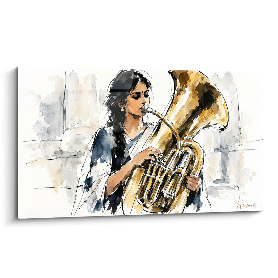 Tableau Musicienne au tuba doré et bleu marine - Souffle suspendu - Edition Tuba