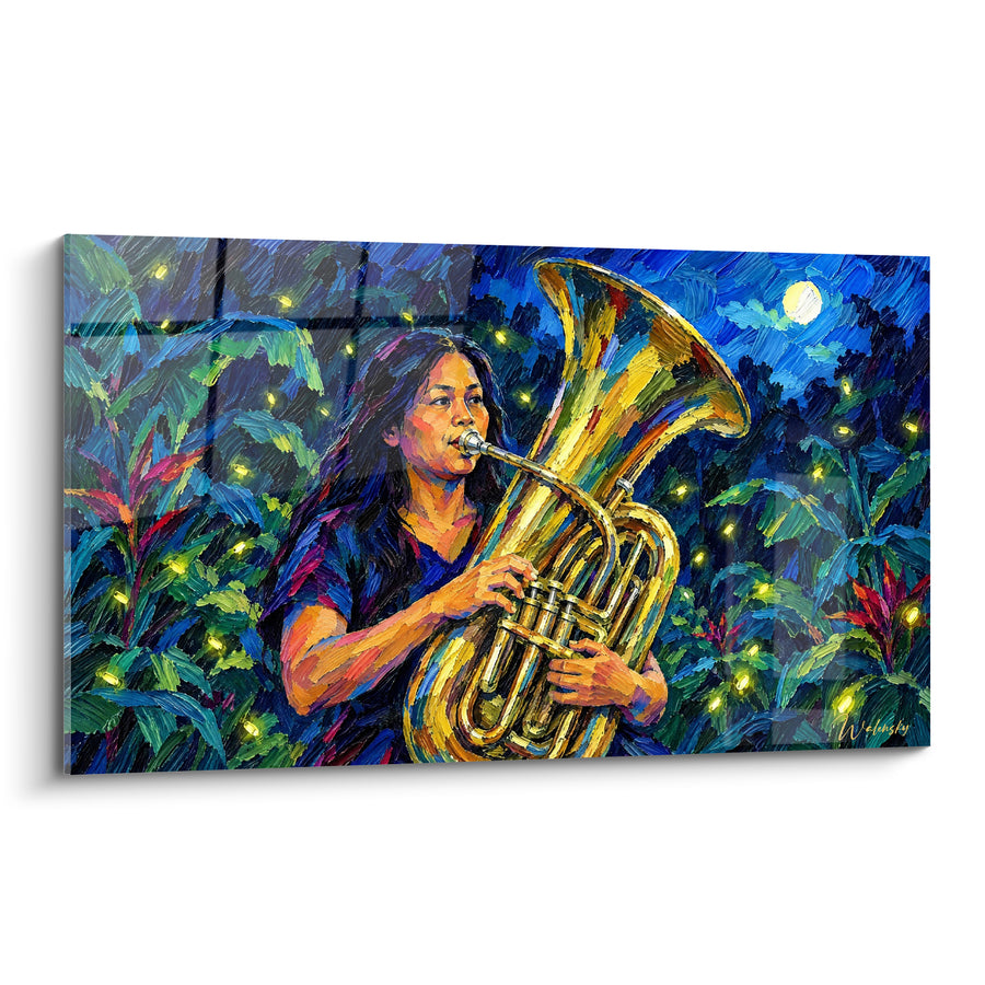 Tableau Musicienne au tuba doré sous la lune - Sérénade nocturne - Edition Tuba