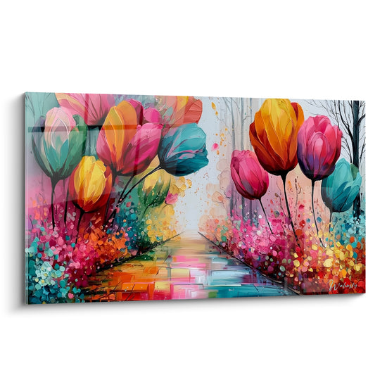 Tulipes roses, turquoise et orangées géantes bordant une allée peinte aux reflets colorés