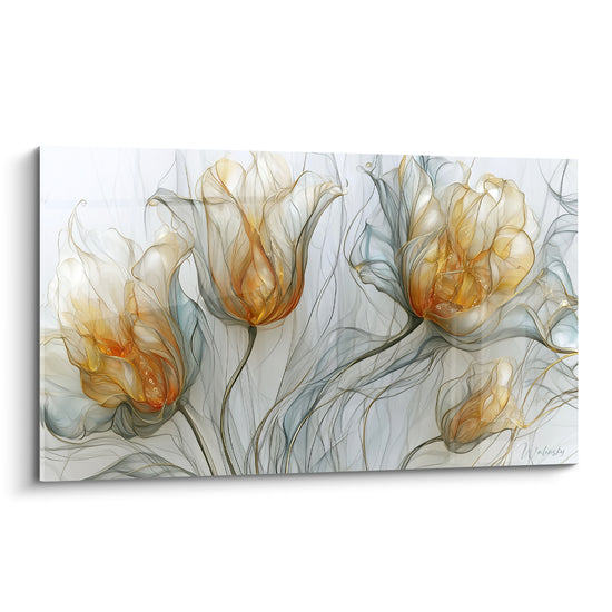 Tulipes ambre et gris filigrane translucide déployées sur fond blanc immaculé et lumineux