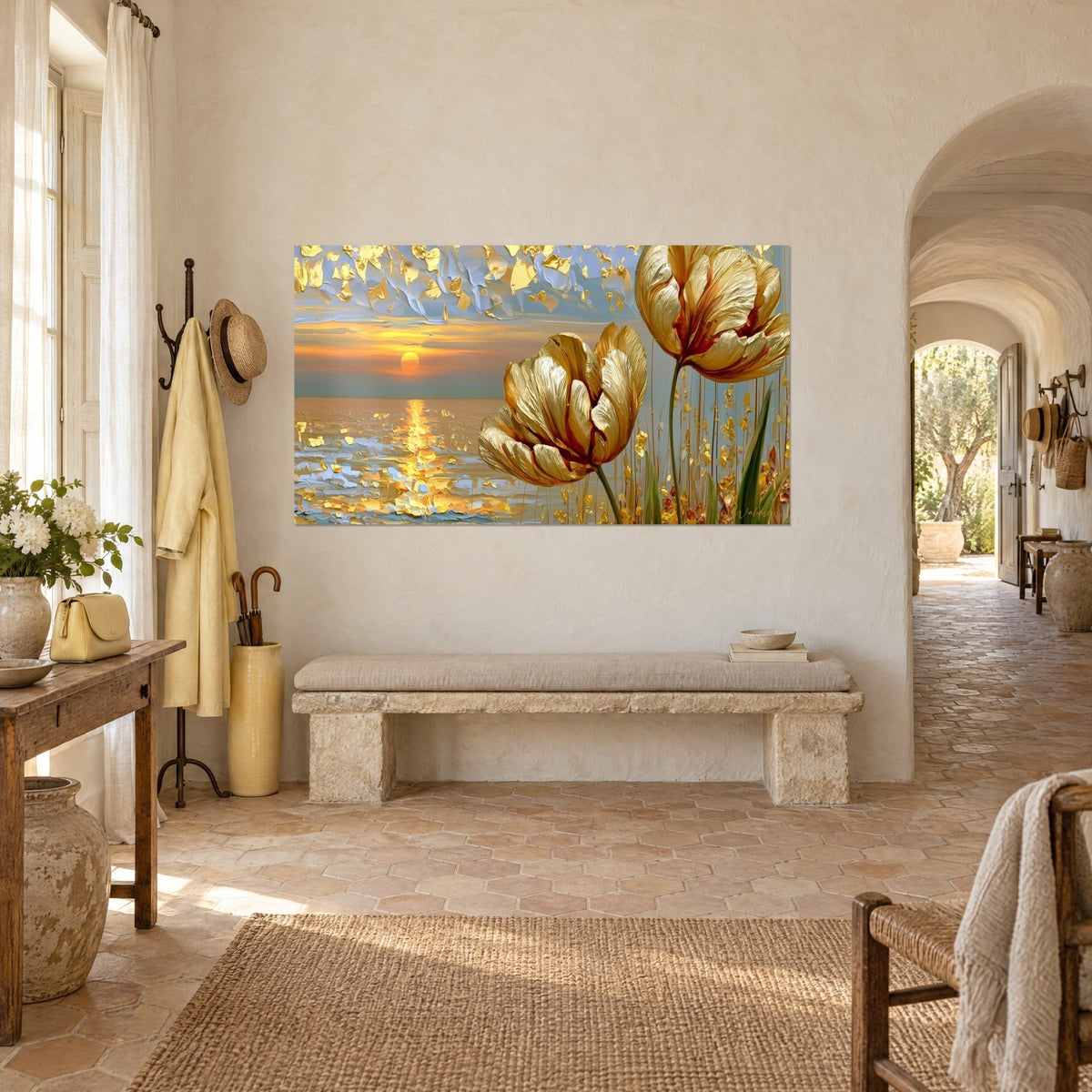 Tableau fleurs d'or en relief sur ciel bleu pâle, reflets ambrés sur l'eau, mur blanc d'un mas provençal et arche