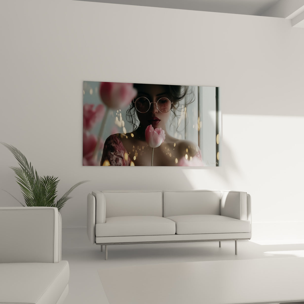 Portrait doré et rose d'une femme à la tulipe suspendu au-dessus d'un canapé dans un salon lumineux