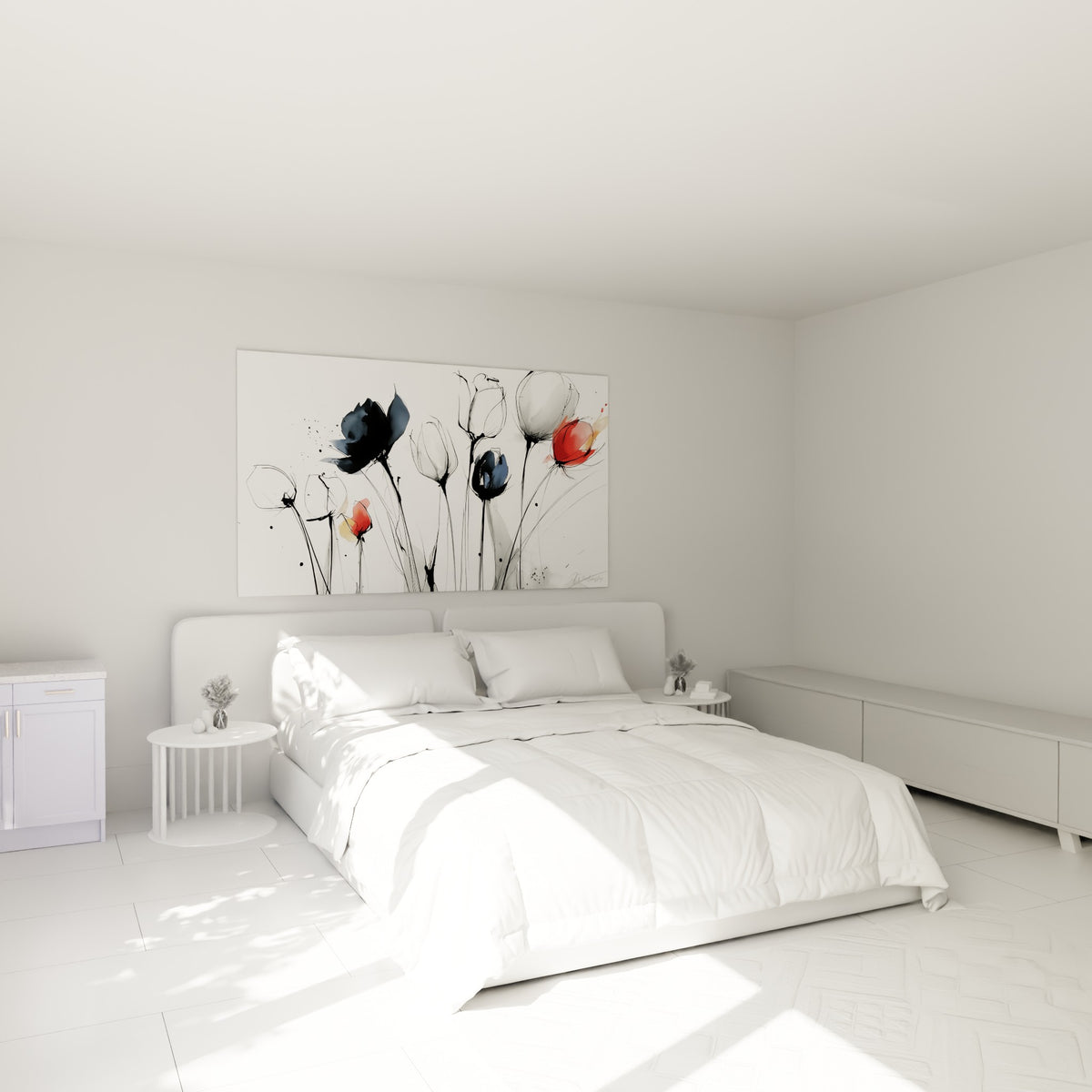 Sept tulipes esquissées en noir et rouge vermillon, accrochées au-dessus d'un lit dans une chambre claire