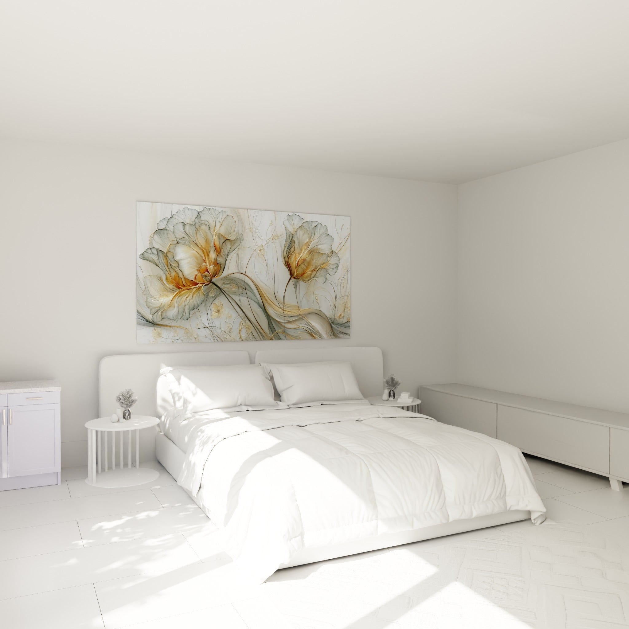 Fleurs de tulipe grises et dorées déployées avec grâce, accrochées au-dessus d'un lit dans une chambre claire