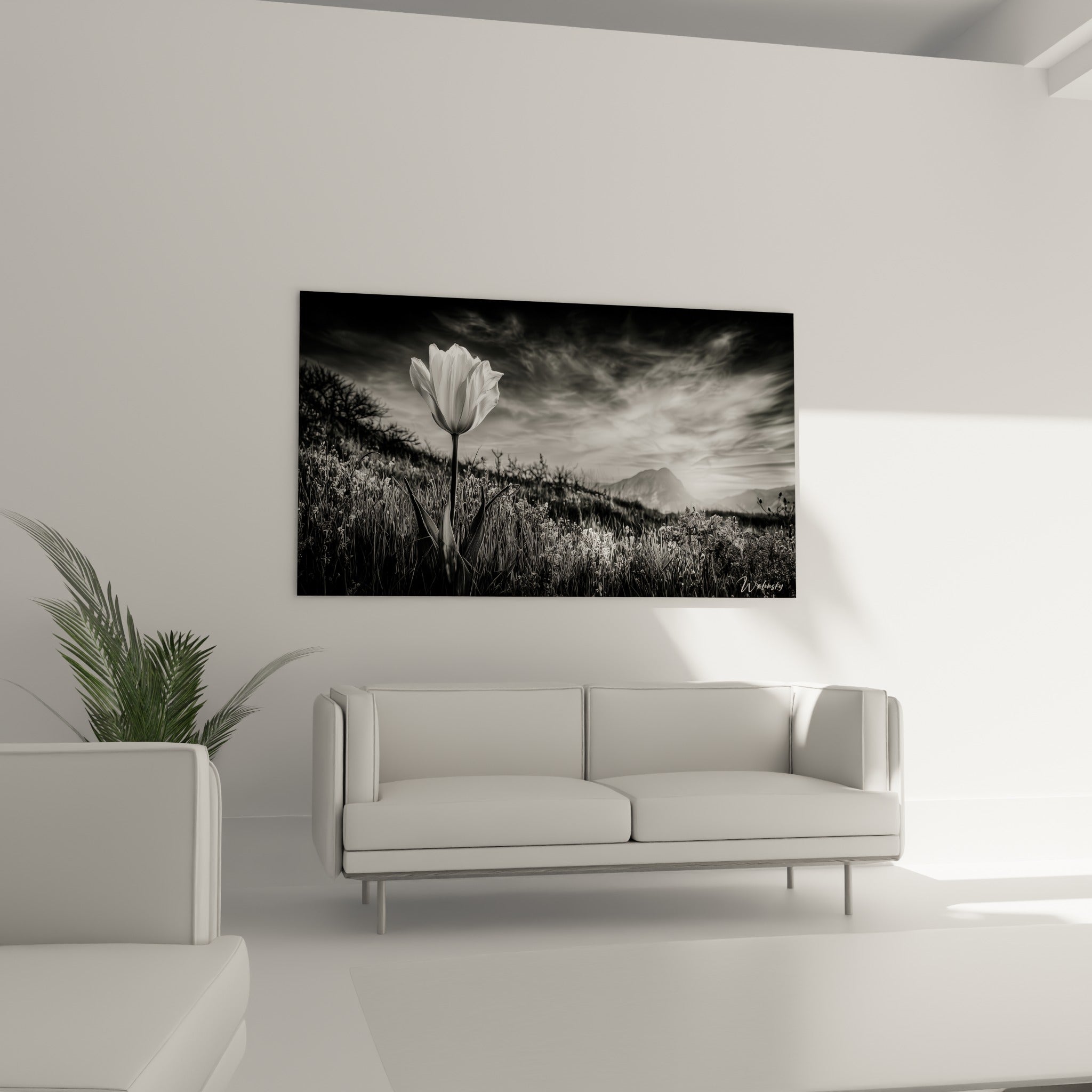 Pétales blancs lumineux contrastant avec un paysage montagneux anthracite, au-dessus d'un canapé dans un salon lumineux