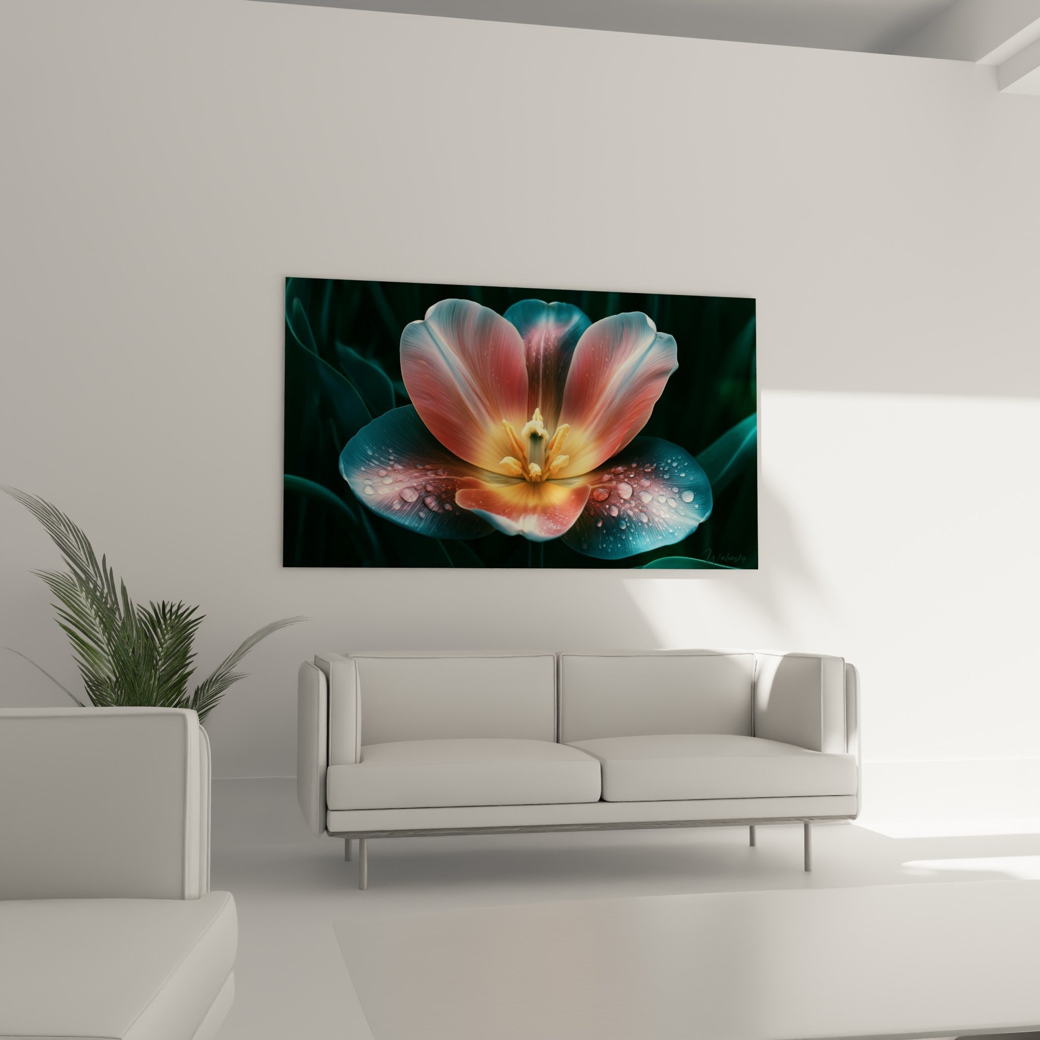 Fleur de tulipe translucide en bleu et rose ornant un mur au-dessus d'un canapé dans un salon lumineux