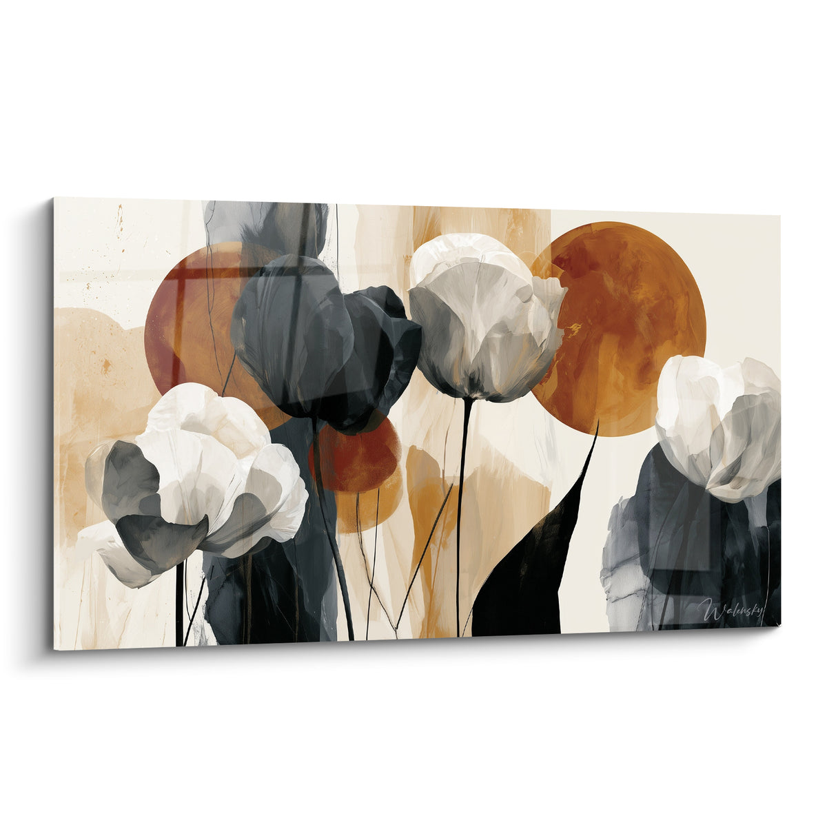 Tulipes anthracite et blanches se dressant devant des disques ocre et terracotta peints