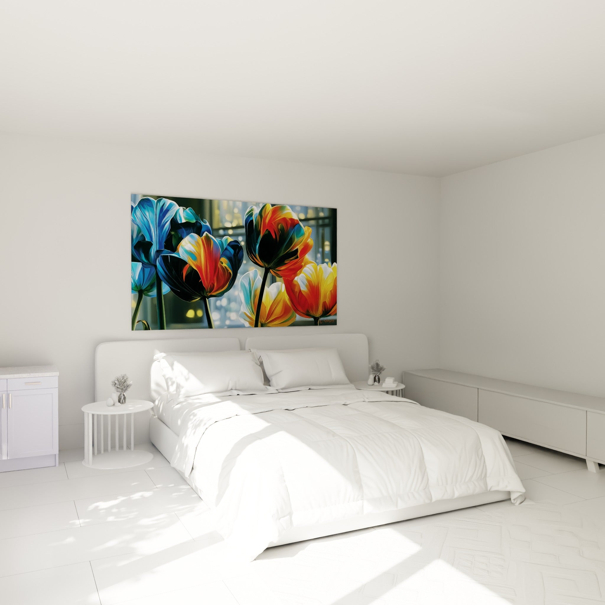 Tulipes anthracite et dorées éclatantes au-dessus d'un lit dans une chambre claire