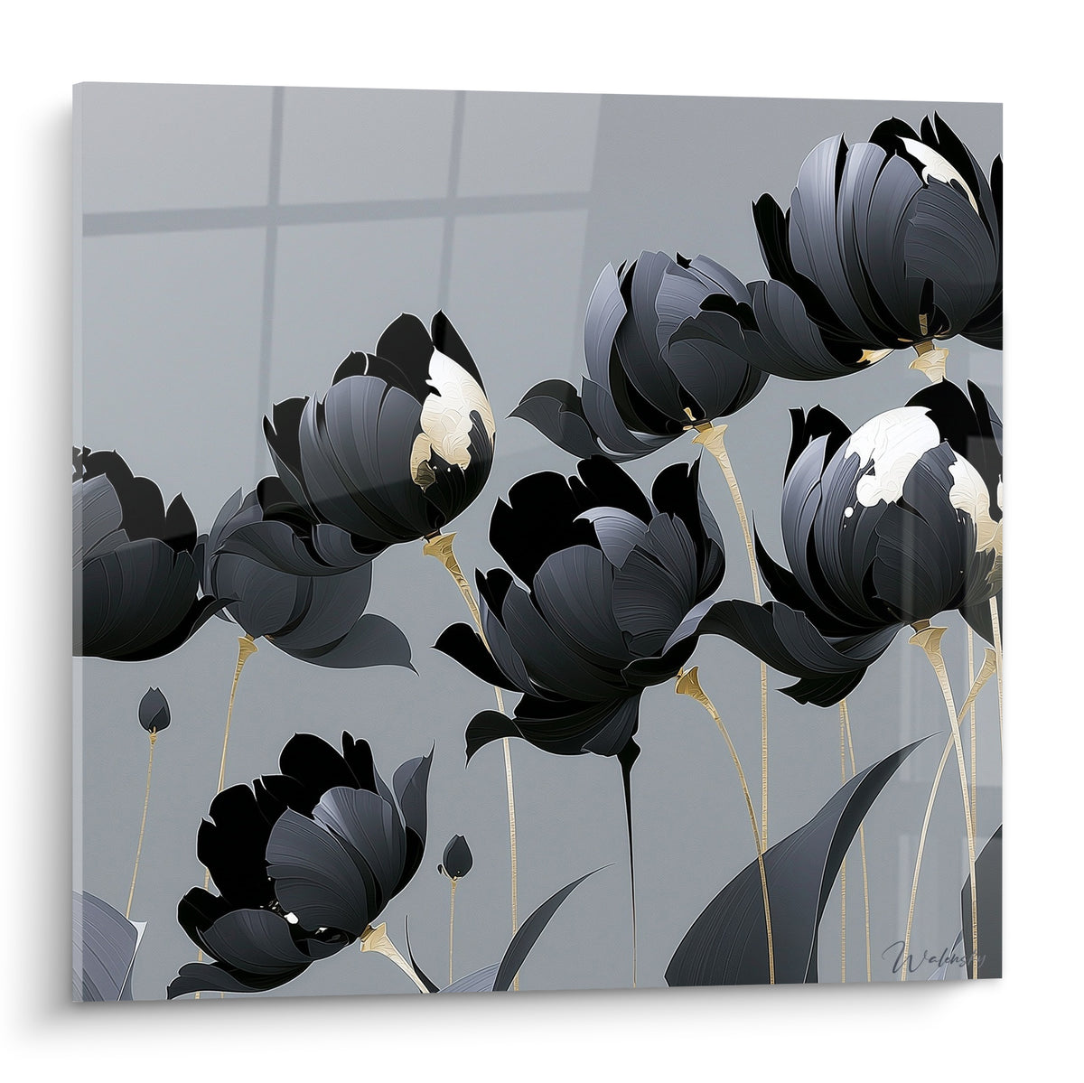 Tulipes anthracite aux pétales satinés et tiges dorées sur fond gris perle, style graphique raffiné