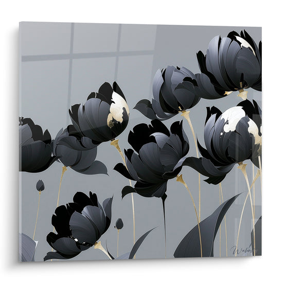 Tulipes anthracite aux pétales satinés et tiges dorées sur fond gris perle, style graphique raffiné