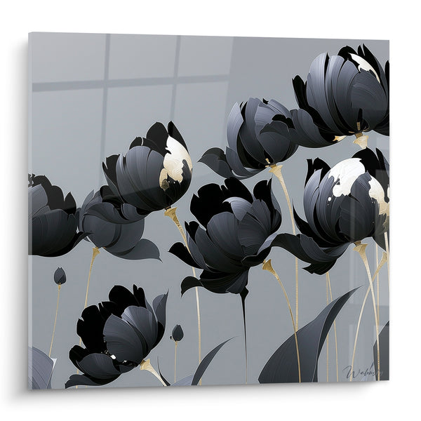 Tableau Tulipes anthracite et dorées sur fond gris - Jardin nocturne - Edition Tulipe
