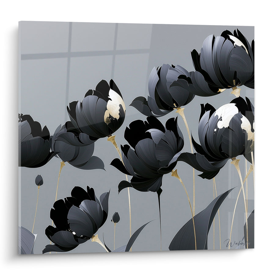 Tableau Tulipes anthracite et dorées sur fond gris - Jardin nocturne - Edition Tulipe