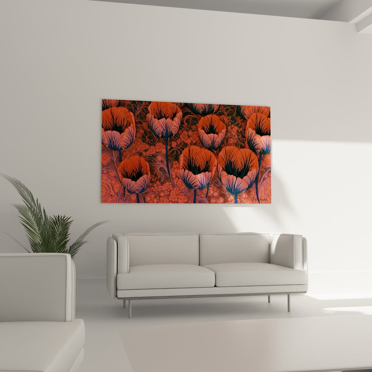 Fleurs terracotta et anthracite aux nervures graphiques au-dessus d'un canapé dans un salon lumineux