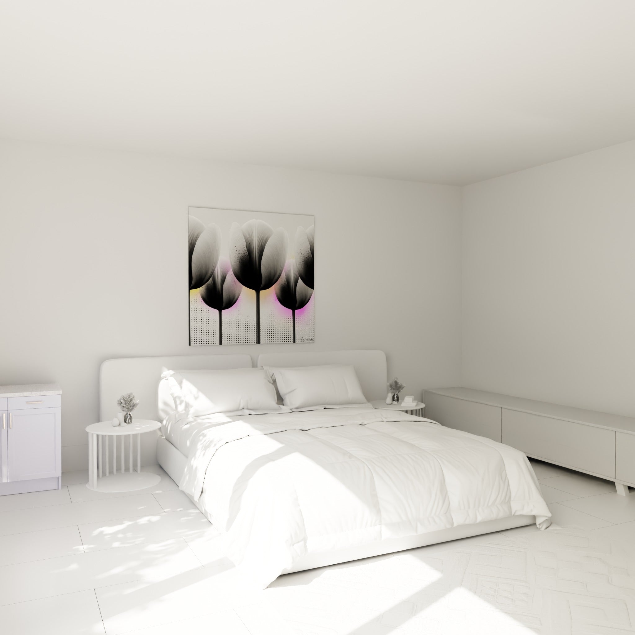 Tulipes graphiques noir et gris, touches fuchsia, accrochées au-dessus d'un lit dans une chambre claire