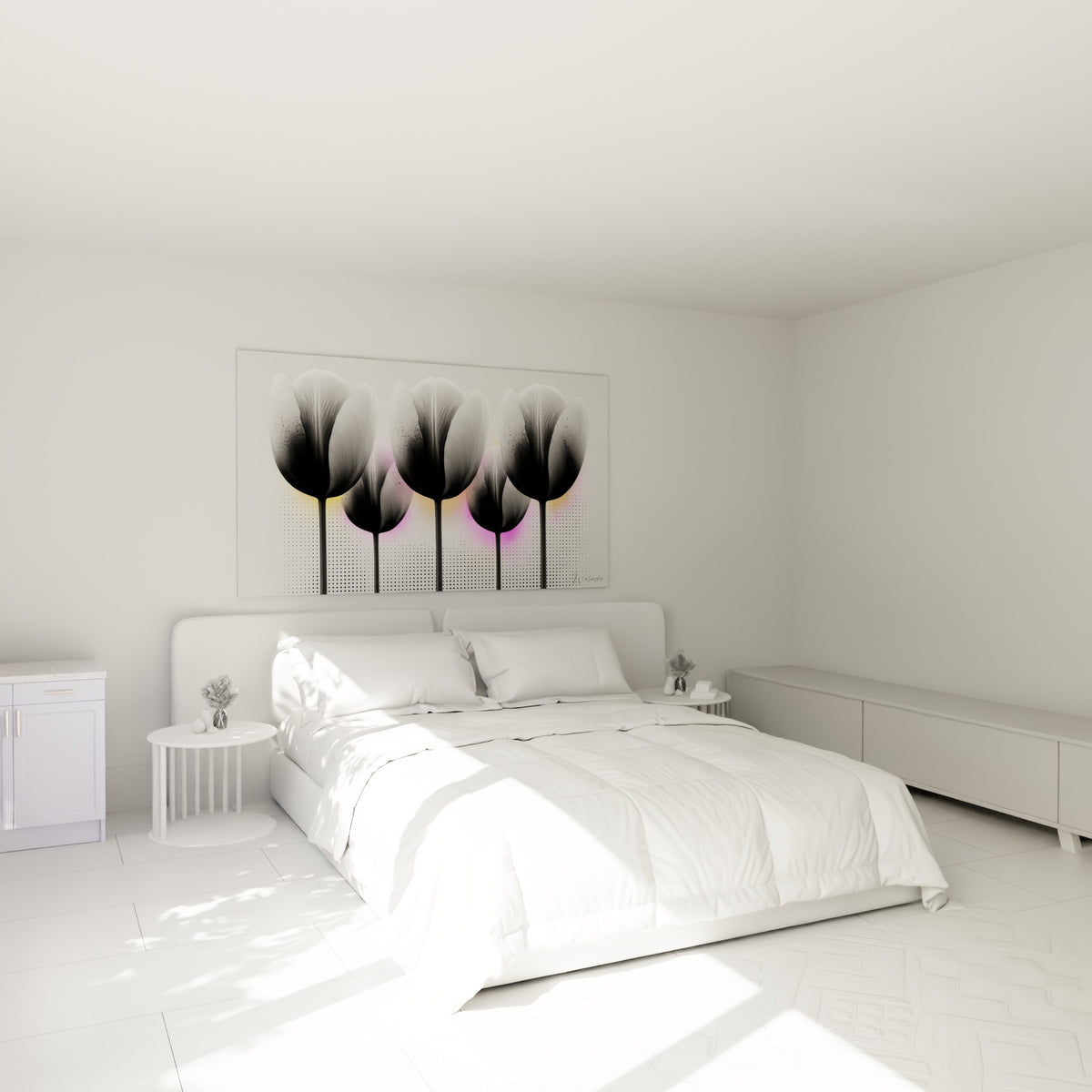 Tulipes anthracite et rose pastel disposées au-dessus d'un lit dans une chambre claire