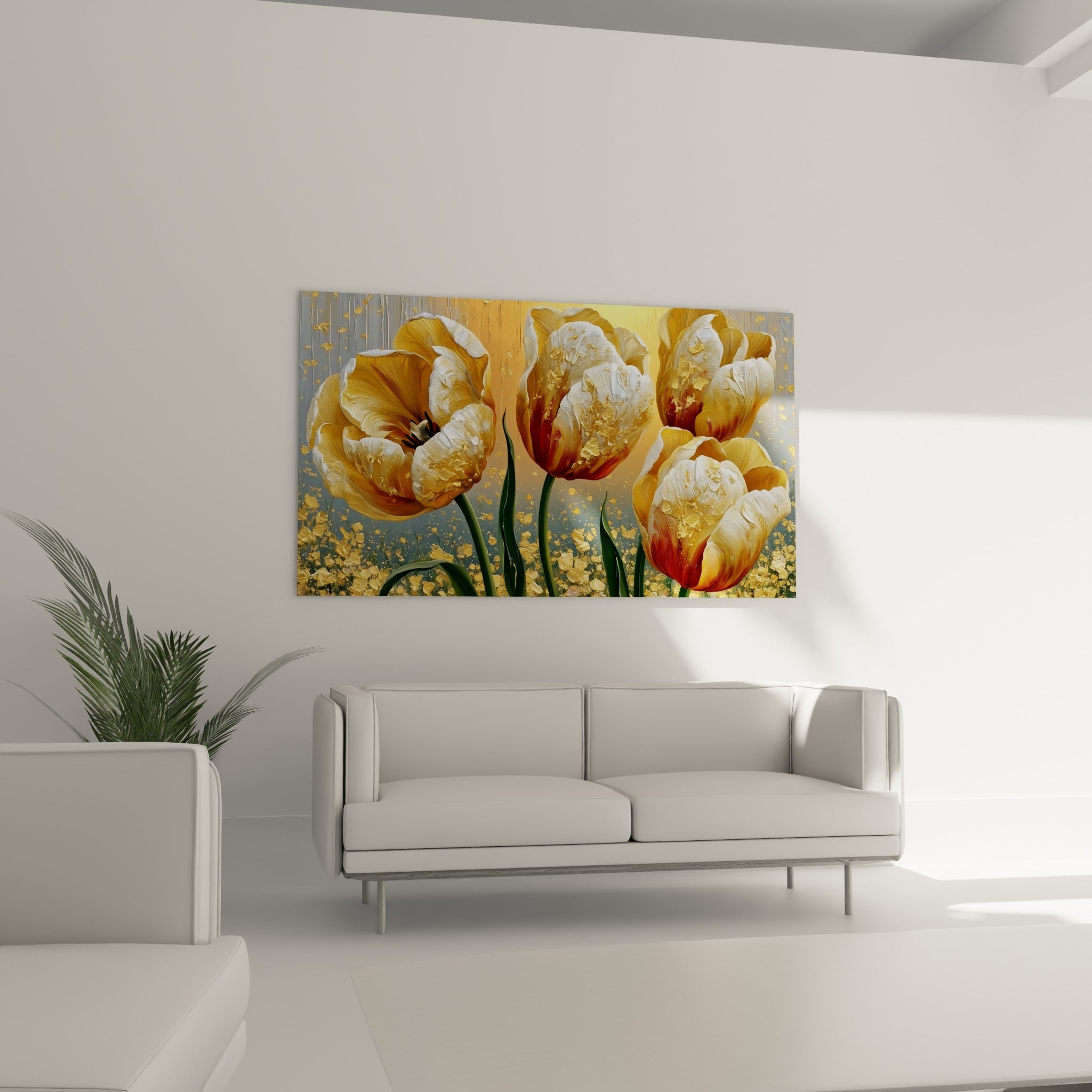 Bouquet de tulipes ambrées et bordeaux accroché au-dessus d'un canapé dans un salon lumineux