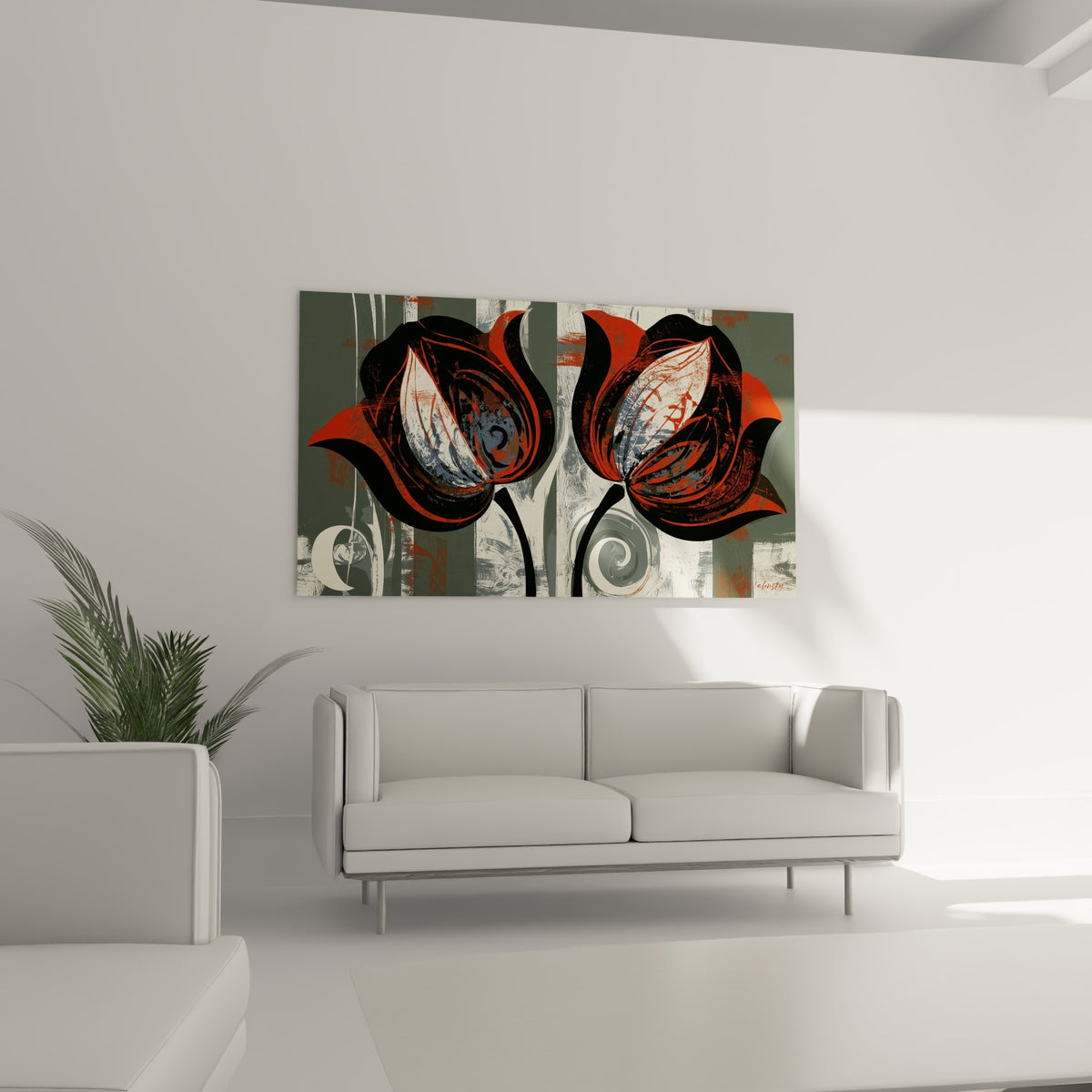 Fleurs graphiques noires et terracotta aux volutes grises, au-dessus d'un canapé dans un salon lumineux