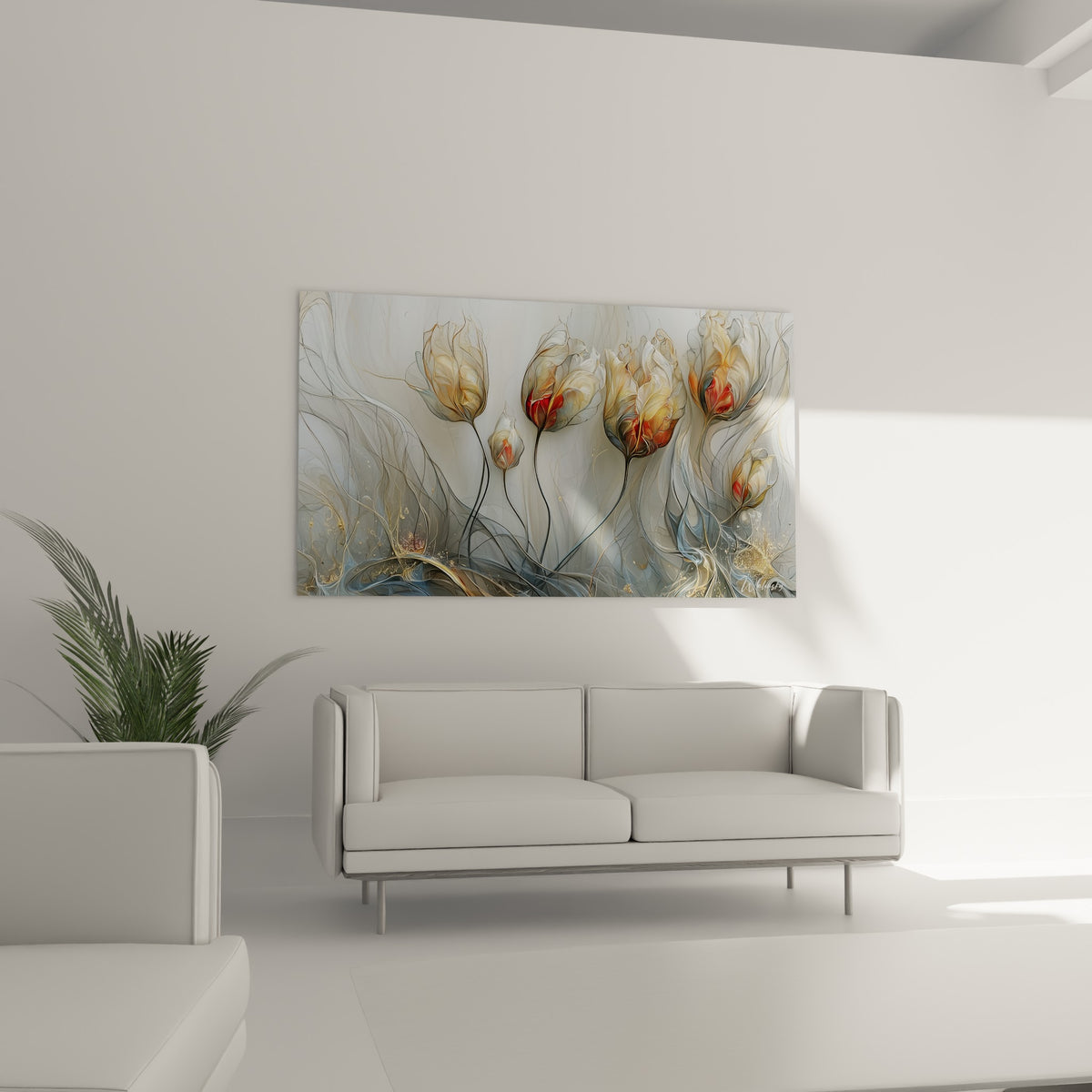 Bouquet de tulipes stylisées gris perle et rouge orangé, au-dessus d'un canapé dans un salon lumineux