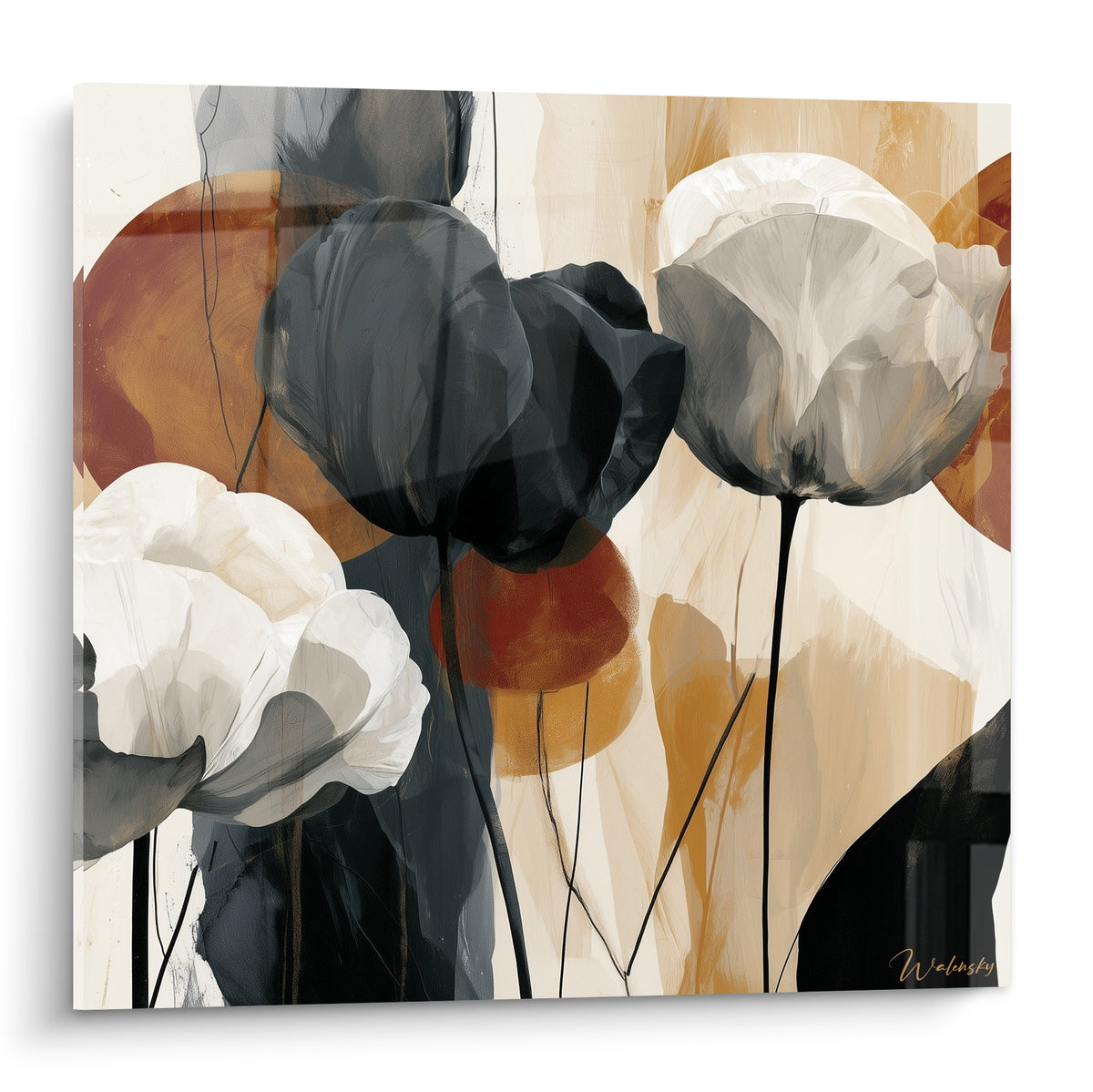 Tulipes anthracite, blanches et terracotta déployées sur fond ocre en composition abstraite raffinée