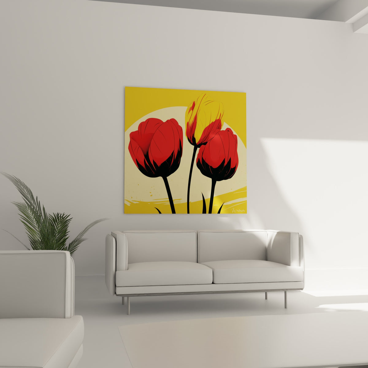 Tiges noires soutenant des tulipes rouges et dorées, œuvre placée au-dessus d'un canapé dans un salon lumineux