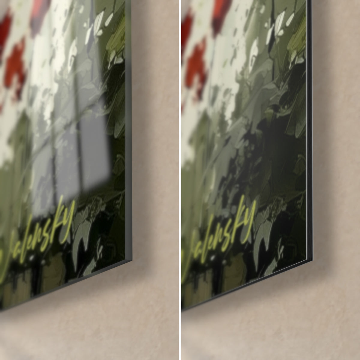 Tableau fleurs écarlates et feuillage vert olive, coin bas droit : verre brillant à gauche, Dibond mat à droite, tranche fine