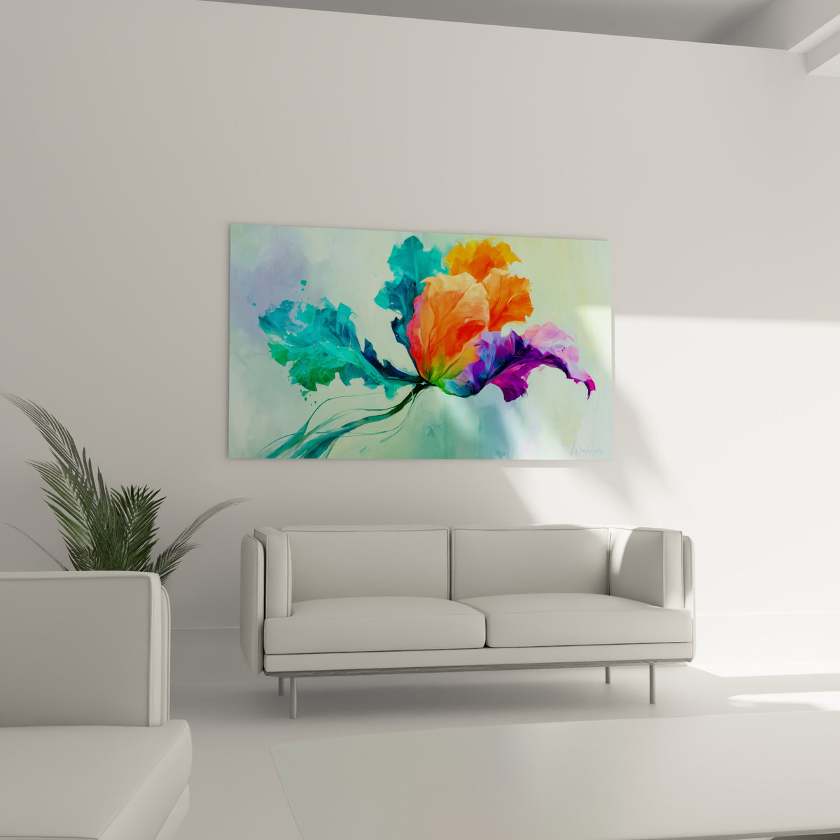 Fleur éclatante mêlant orange, violet et turquoise, suspendue au-dessus d'un canapé dans un salon lumineux