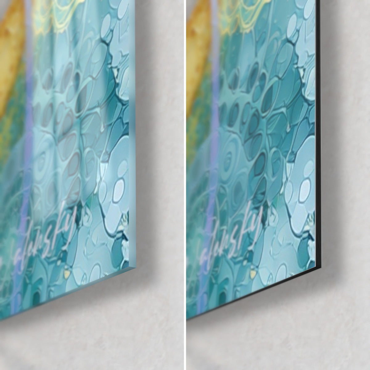 Wall art tulips in turquoise and gold ink, bottom right corner: glossy acrylic glass on the left, matte Dibond on the right, 3 mm edge