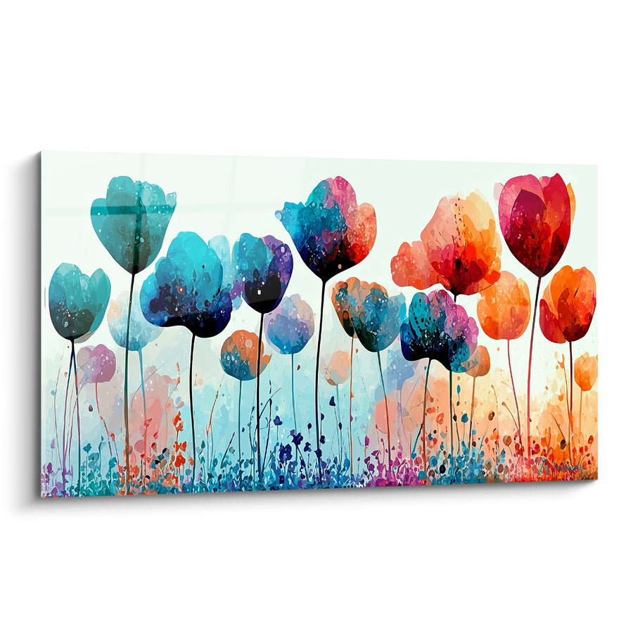 Tableau Tulipes turquoise et corail aux tiges filiformes - Rangée dégradée aquarelle - Edition Tulipe