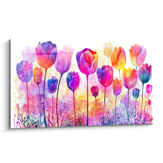 Tulipes violettes, roses et dorées en aquarelle sur fond éclaboussé de lumière crépusculaire