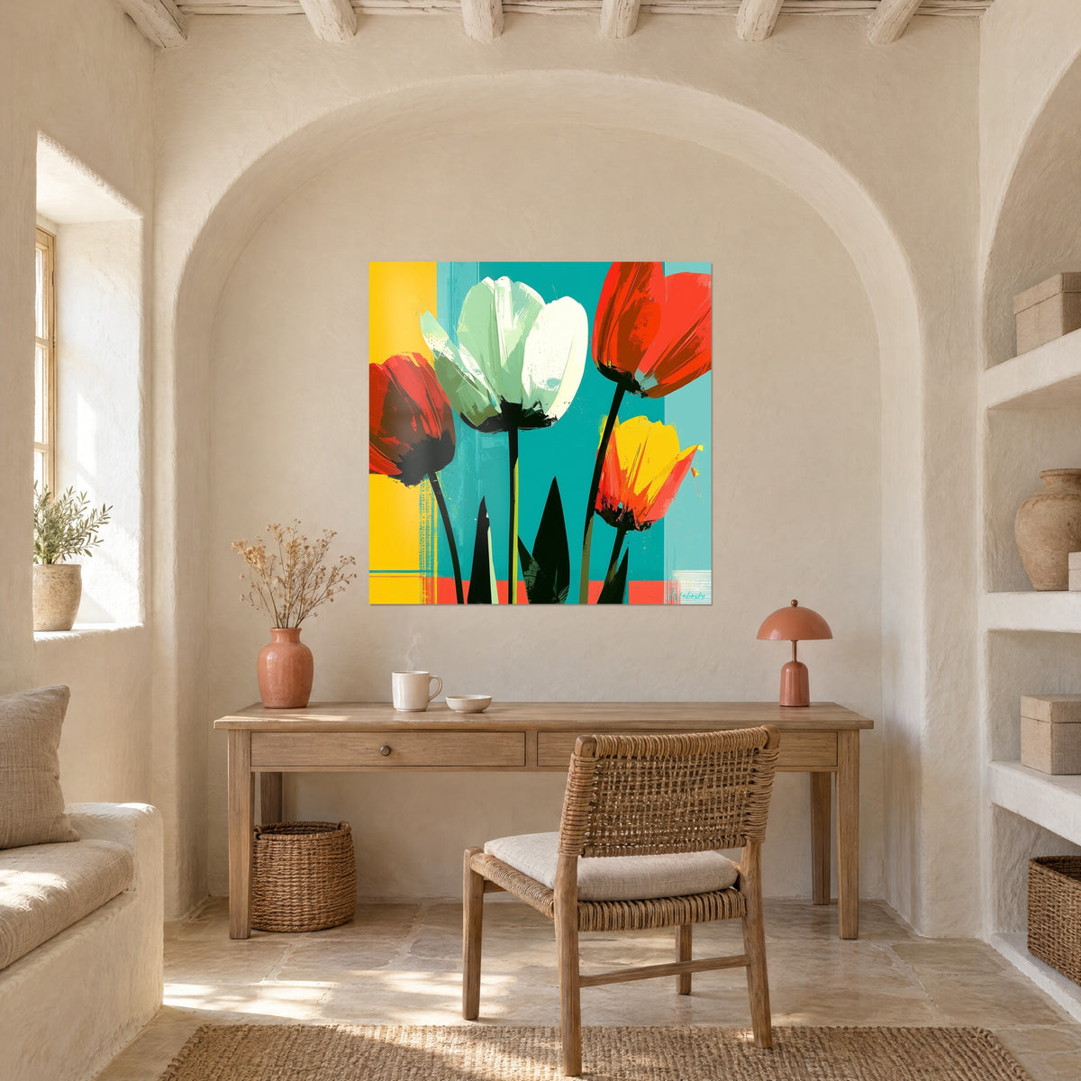 Quadro corolle scarlatte, gialle e bianche su strisce turchesi, parete ad arco di un ufficio in legno chiaro