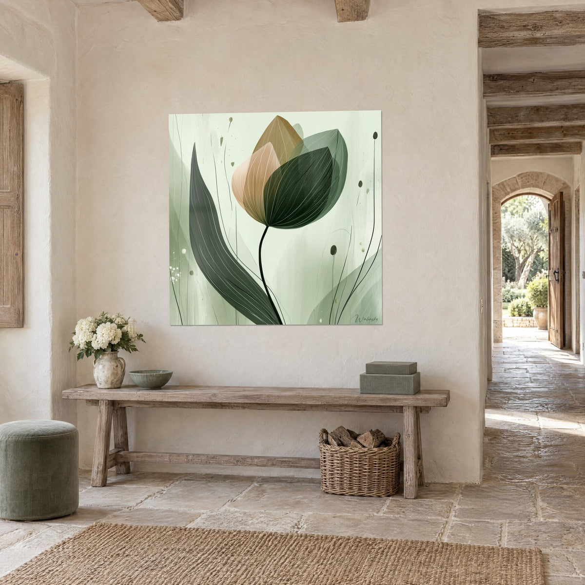 Wall art of a minimalist flower with white veins, golden brown petal and dark green leaf, on a rough plastered wall beside a stone arch