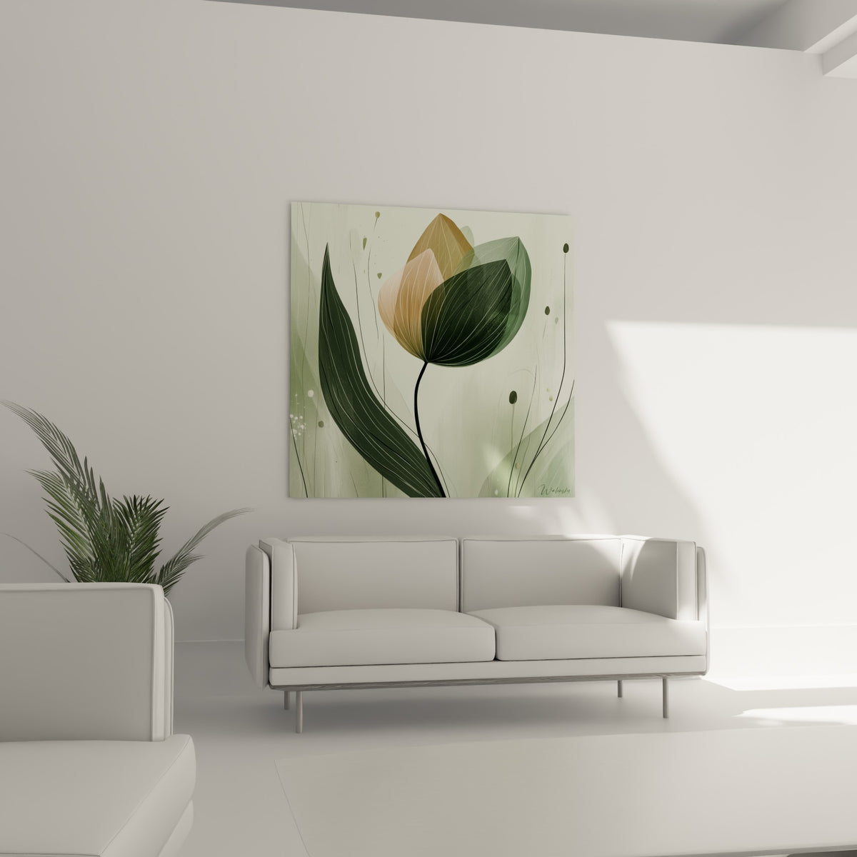 Pétales de tulipe beige rosé et vert sauge se chevauchant, disposés au-dessus d'un canapé dans un salon lumineux
