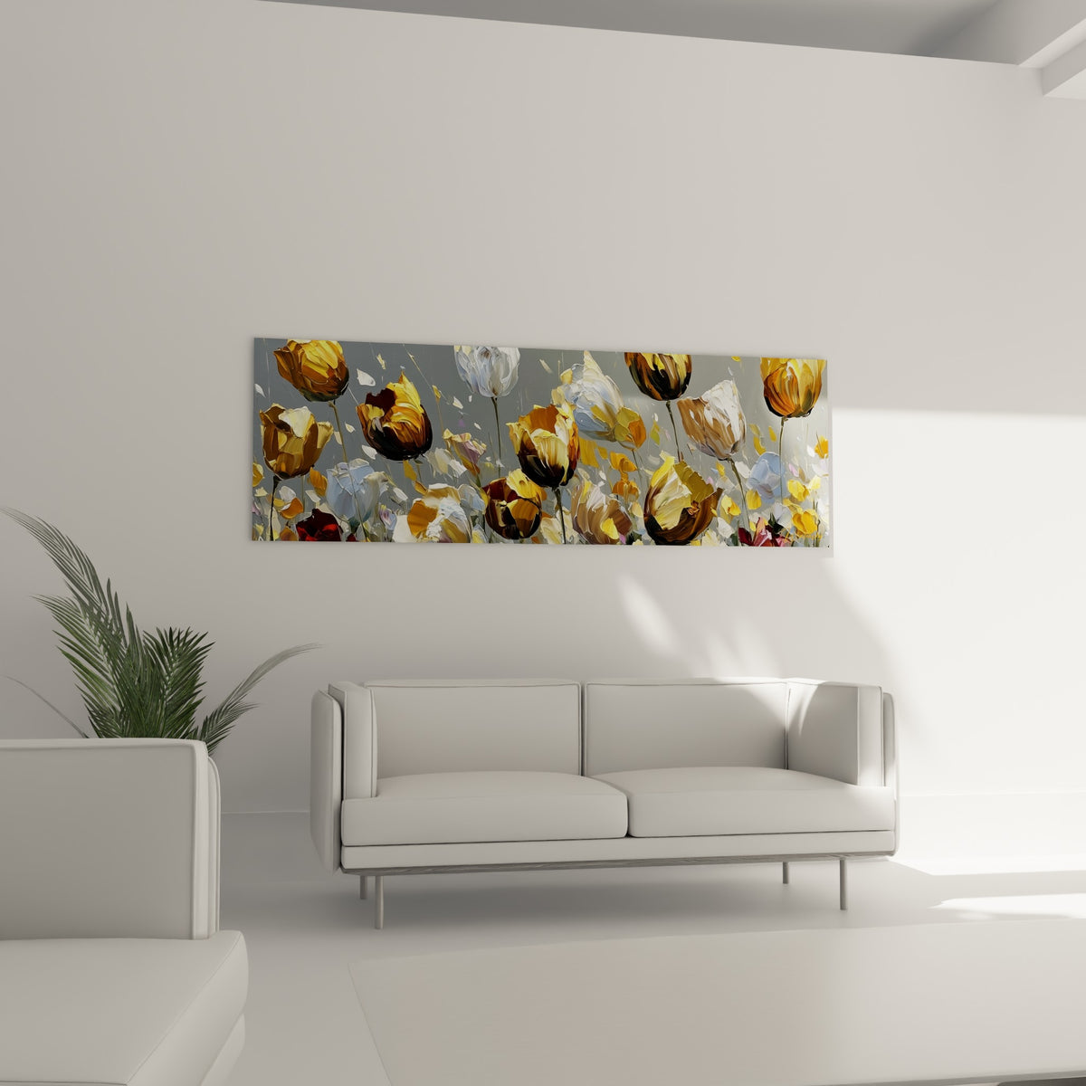 Bouquet de tulipes blanches et dorées suspendu au-dessus d'un canapé dans un salon lumineux