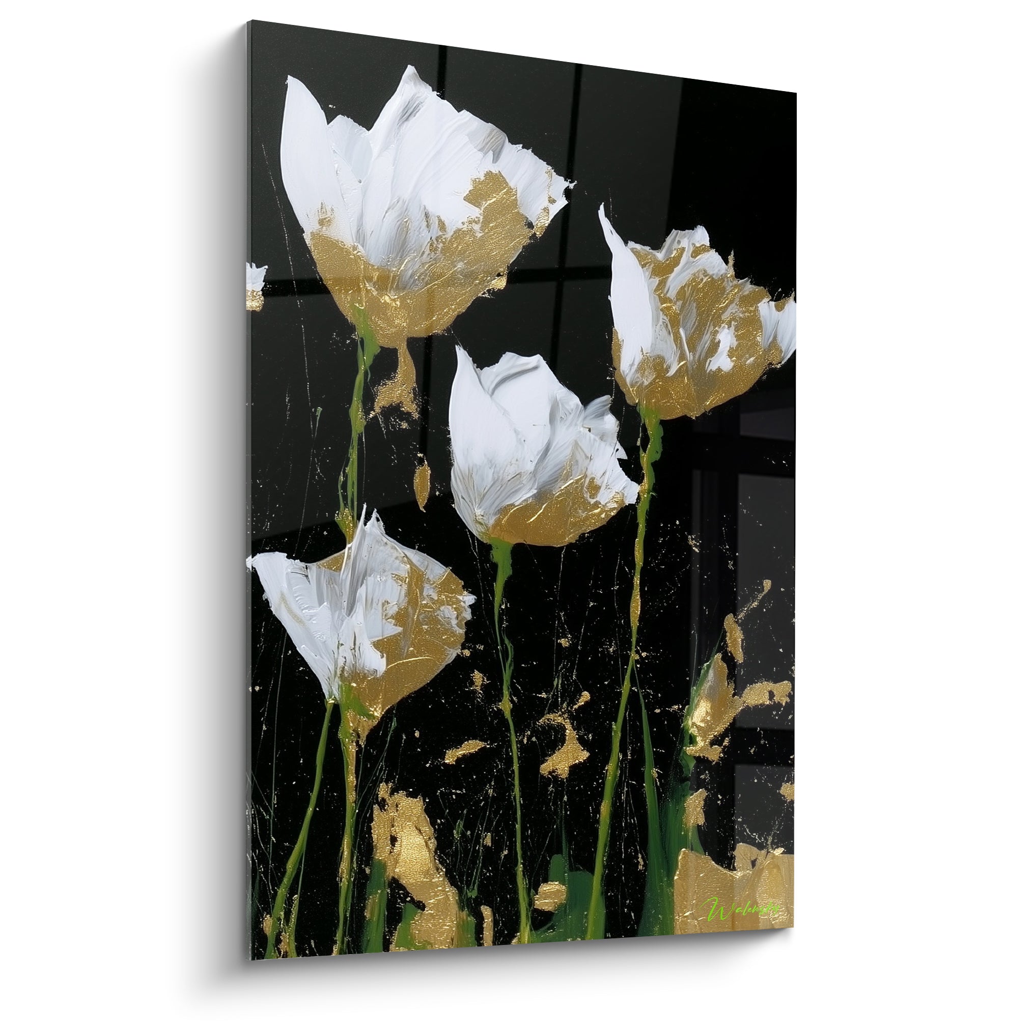 Quatre tulipes blanches et dorées se dressent sur un fond noir profond, style peinture expressive au couteau.