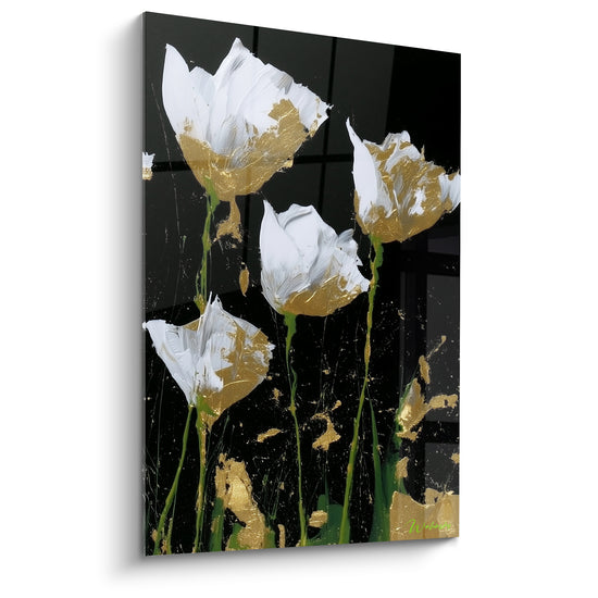Tableau Tulipes blanches et dorées aux tiges dégoulinantes - Reflet vitré sombre - Edition Tulipe