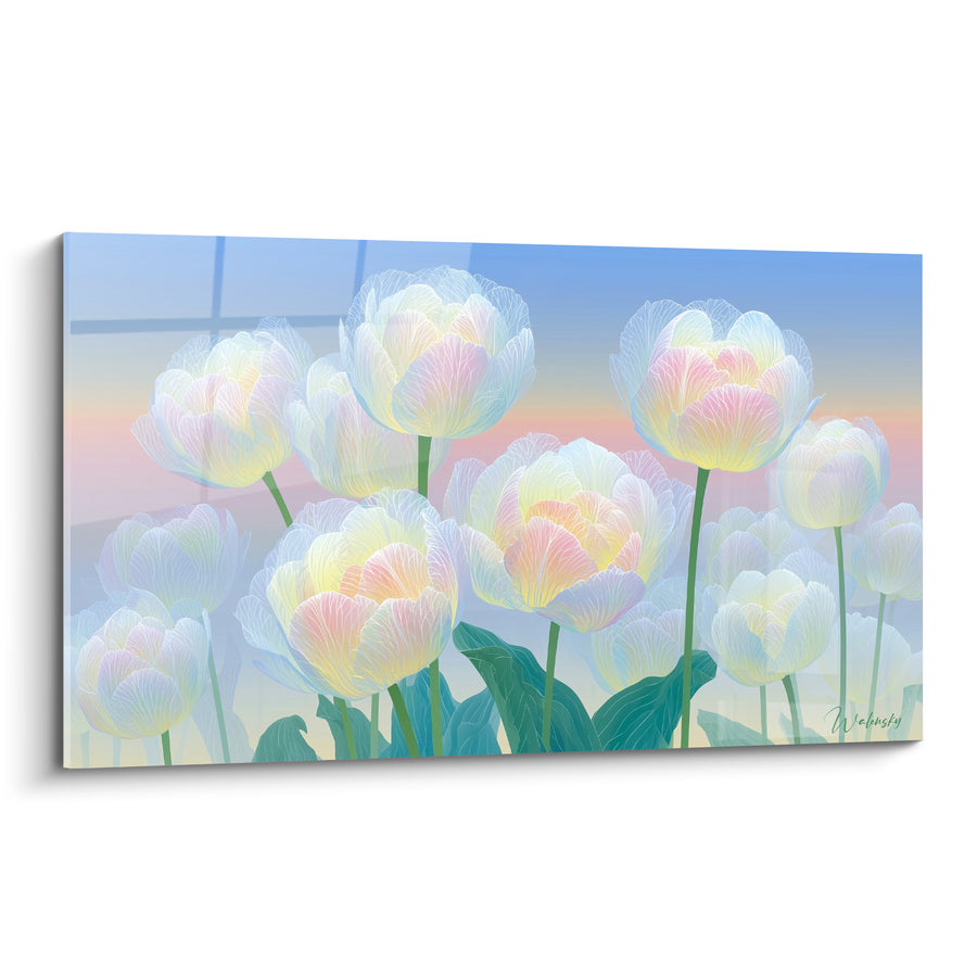 Tableau Tulipes blanches et roses aux nervures translucides - Ciel dégradé pastel - Edition Tulipe